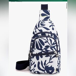 Blue and White Leaf Print Sling Crossbody Bag